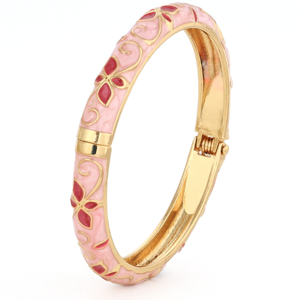 Enamel Five-Leaf Clover Open Bracelet in Pink, Purple — shown in use