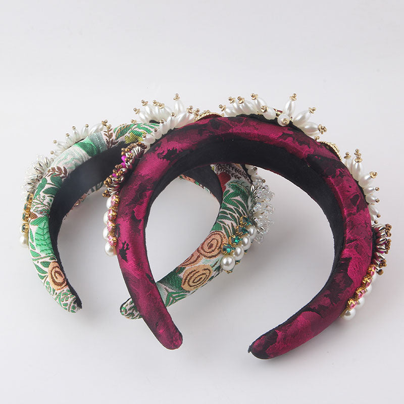 Baroque Padded Headband with Rhinestones and Faux Pearls, Four Designs — detail close-up