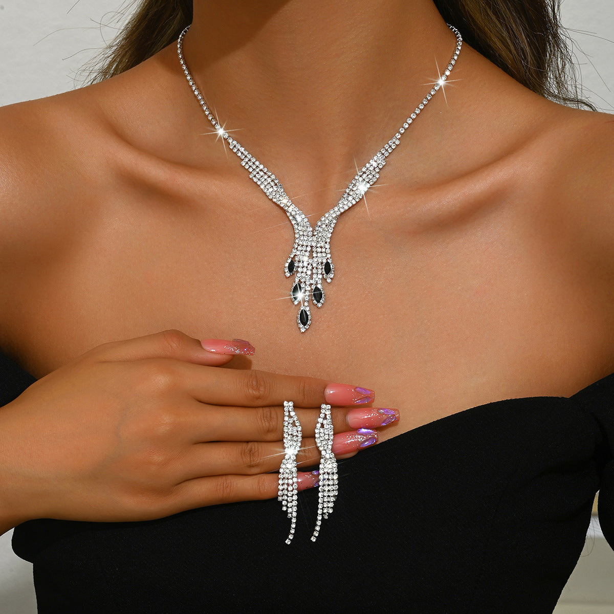 Geometric Teardrop Zircon Necklace and Earrings Set for Women
