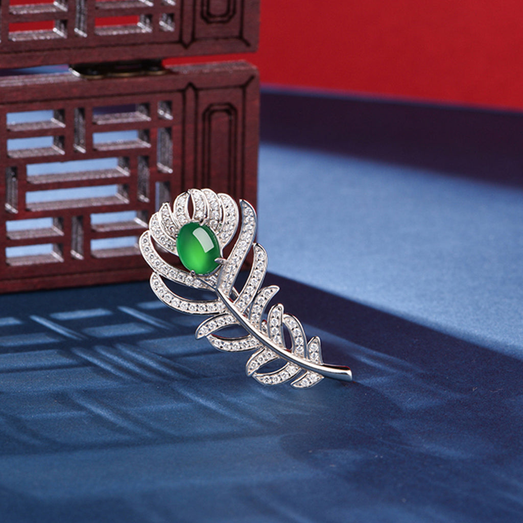 Sterling Silver Feather Brooch With 8 x 6 mm Green Chrysoprase Cabochon, Platinum-Plated — shown in use