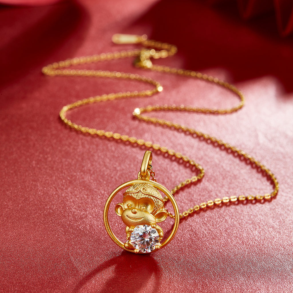 Sterling Silver Chinese Zodiac Monkey Necklace With 1 ct Moissanite, D Color VVS1 — shown in use