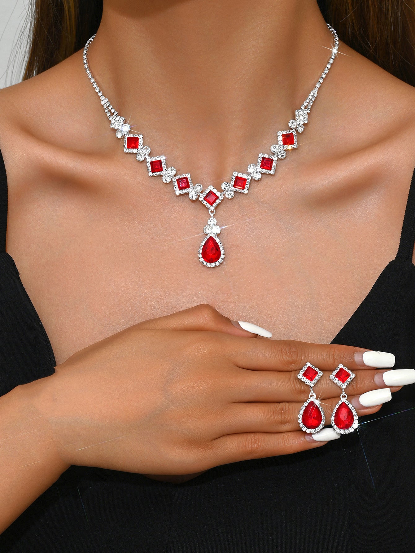 Geometric Teardrop Zircon Necklace and Earrings Set for Women