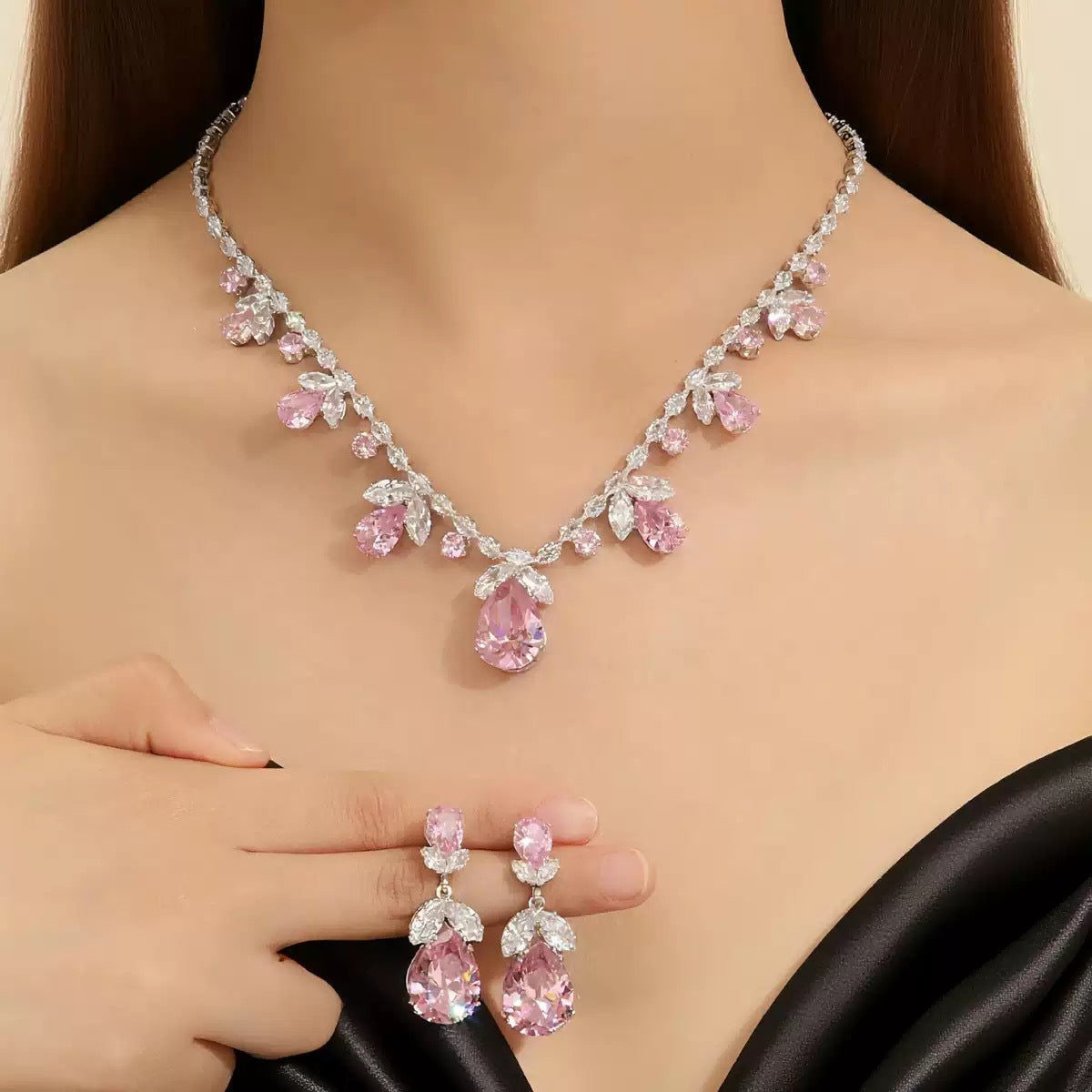 Cubic Zirconia Leaf Bridal Set in Ten Styles — Teardrop Necklace and Drop Earrings, Silver or Gold Tone