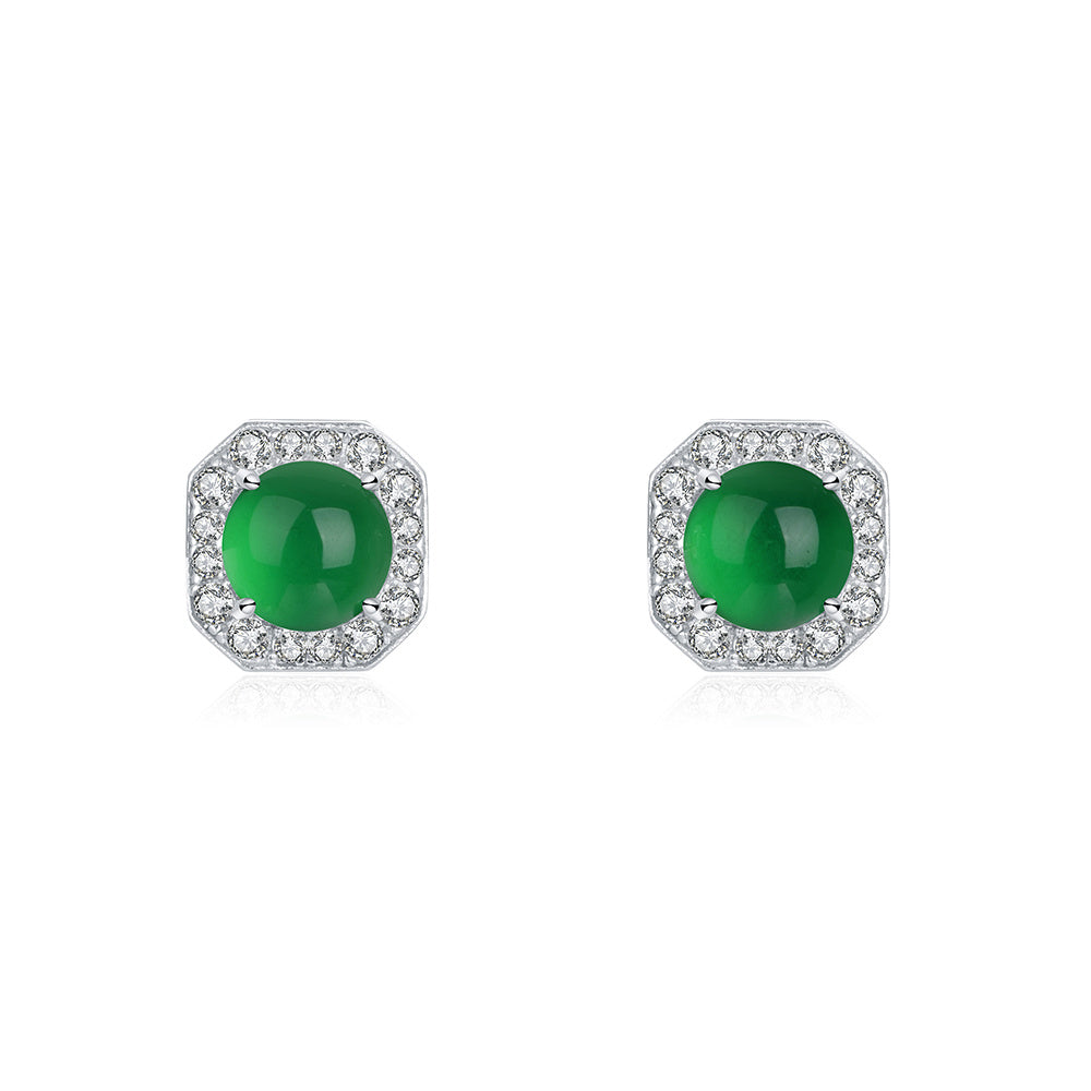 Sterling Silver Octagon Halo Stud Earrings With 6 mm Round Green Chrysoprase — front view