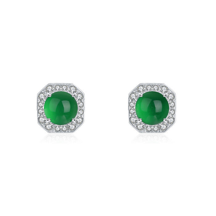 Sterling Silver Octagon Halo Stud Earrings with Green Chrysoprase