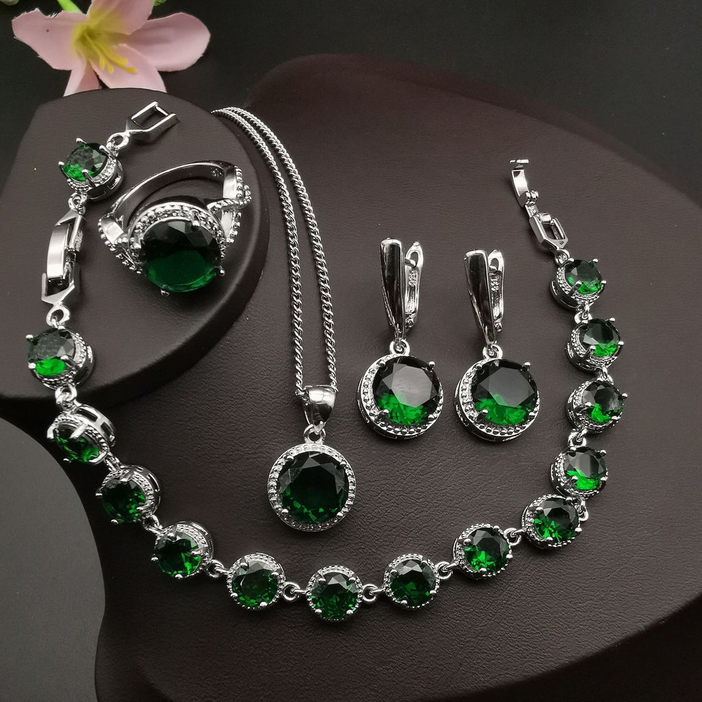 Round-Stone 4-Piece Jewelry Set in Green, Blue — front view