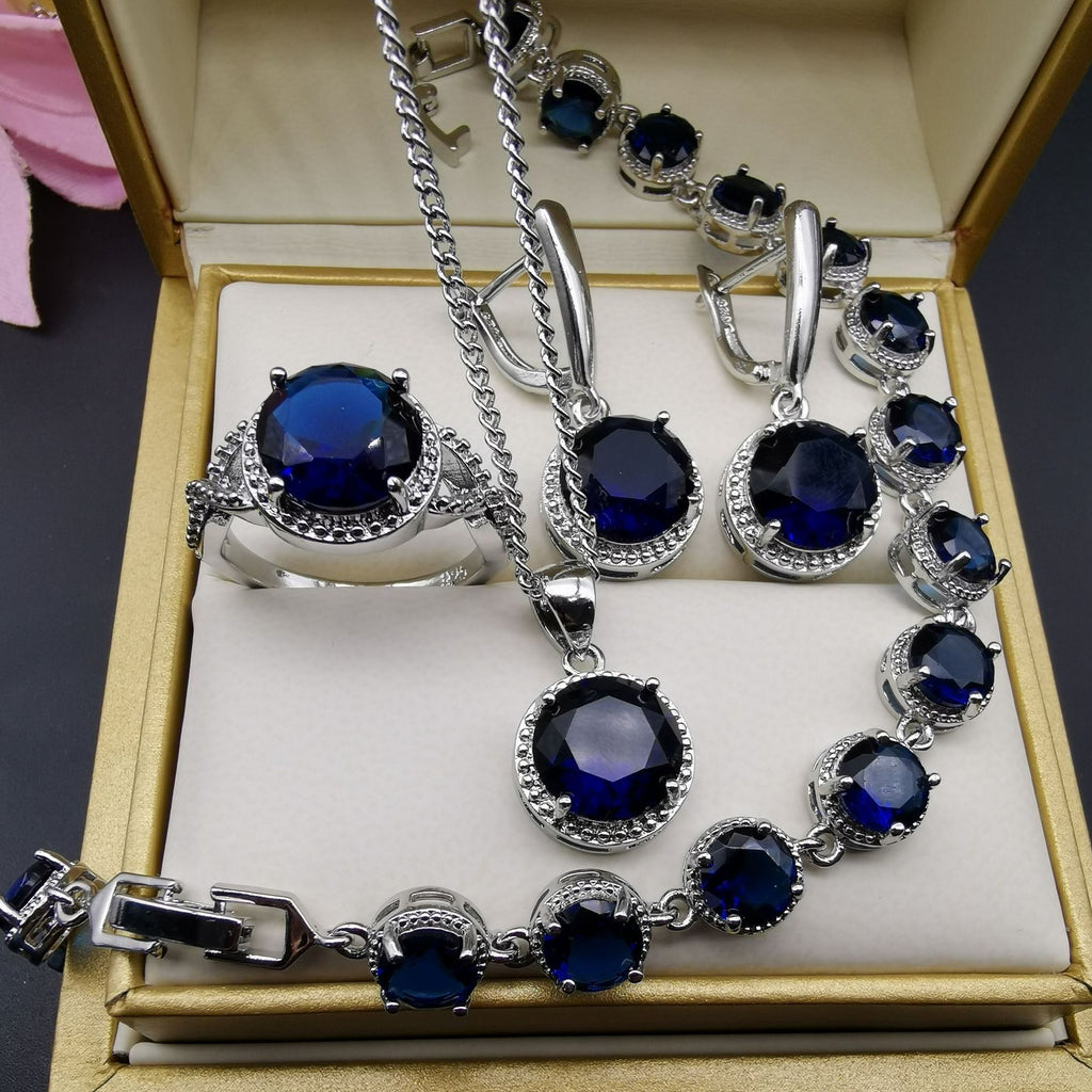 Round-Stone 4-Piece Jewelry Set in Green, Blue — full product view