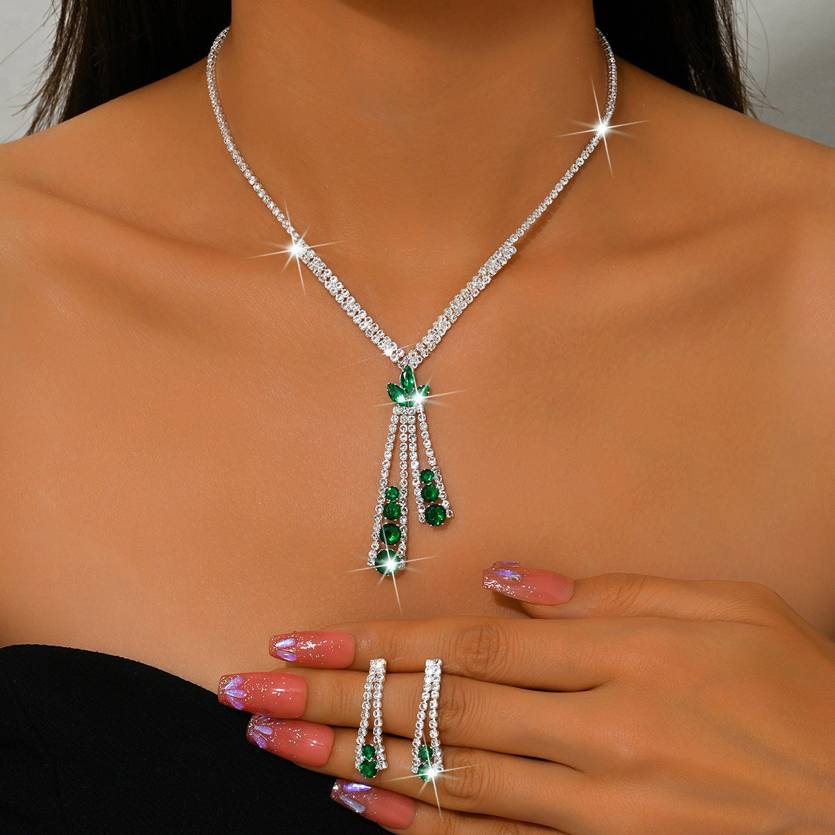 Geometric Teardrop Zircon Necklace and Earrings Set for Women