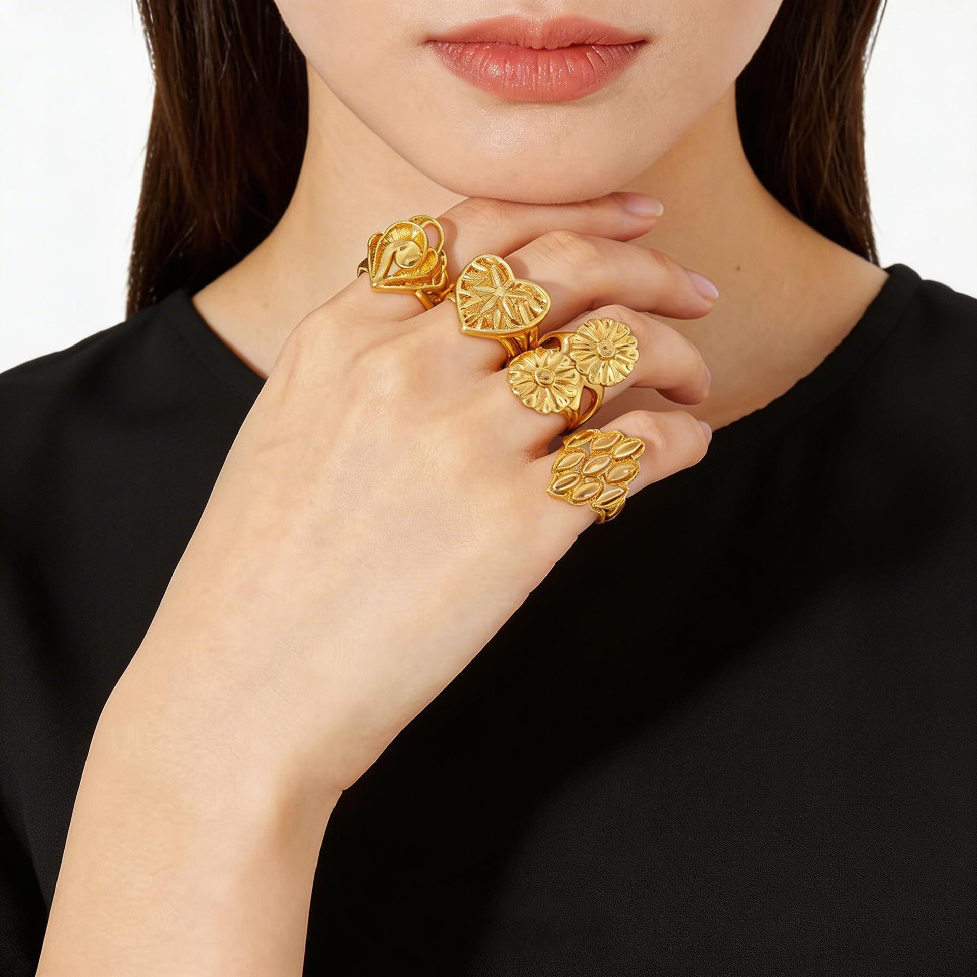 Hollow Flower Open Ring for Women, Irregular Heart-Shaped Band — front view