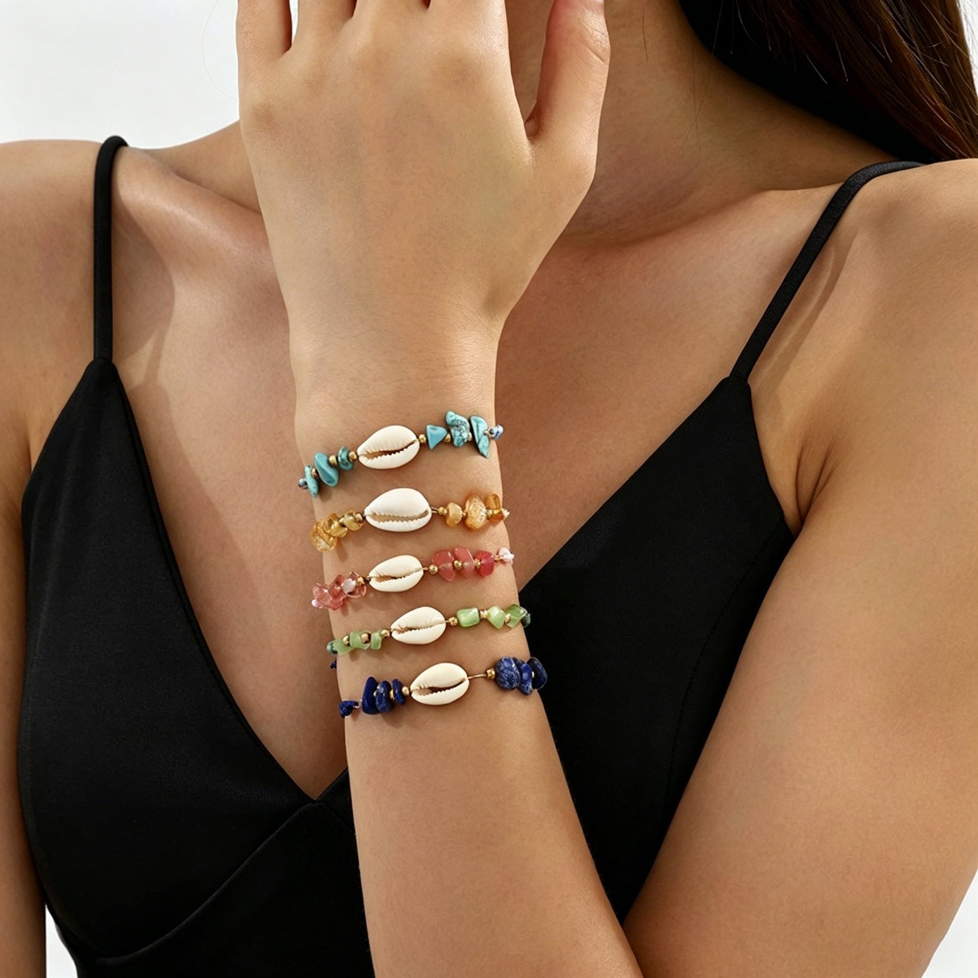 Hand-Woven Shell and Natural Stone Bracelet, Four Styles — front view