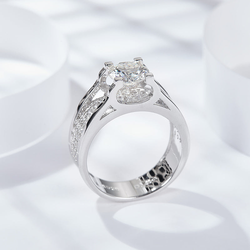 Sterling Silver Wide Band Moissanite Ring, 1ct or 2ct Stone — shown in use