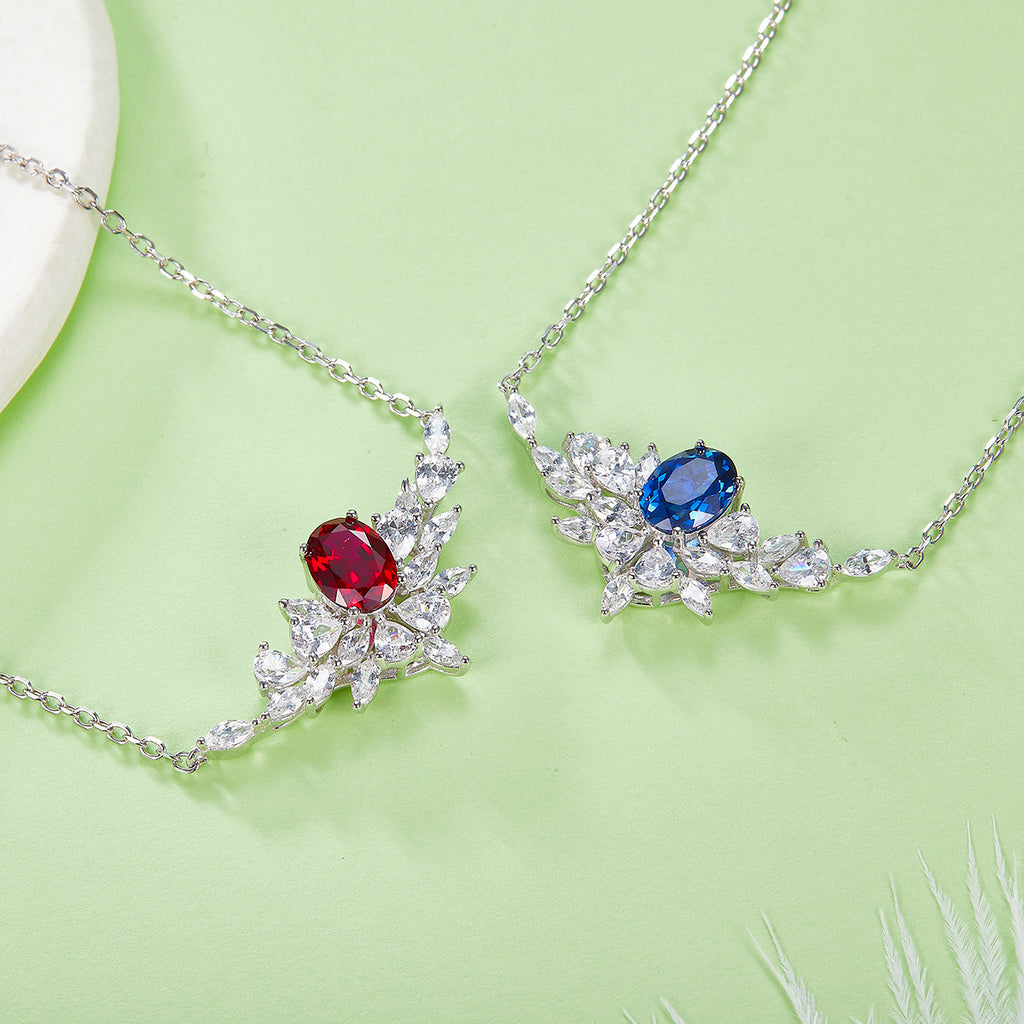 Sterling Silver Lab-Grown Ruby or Sapphire Necklace, 8x6mm Oval with Marquise Cluster — full product view