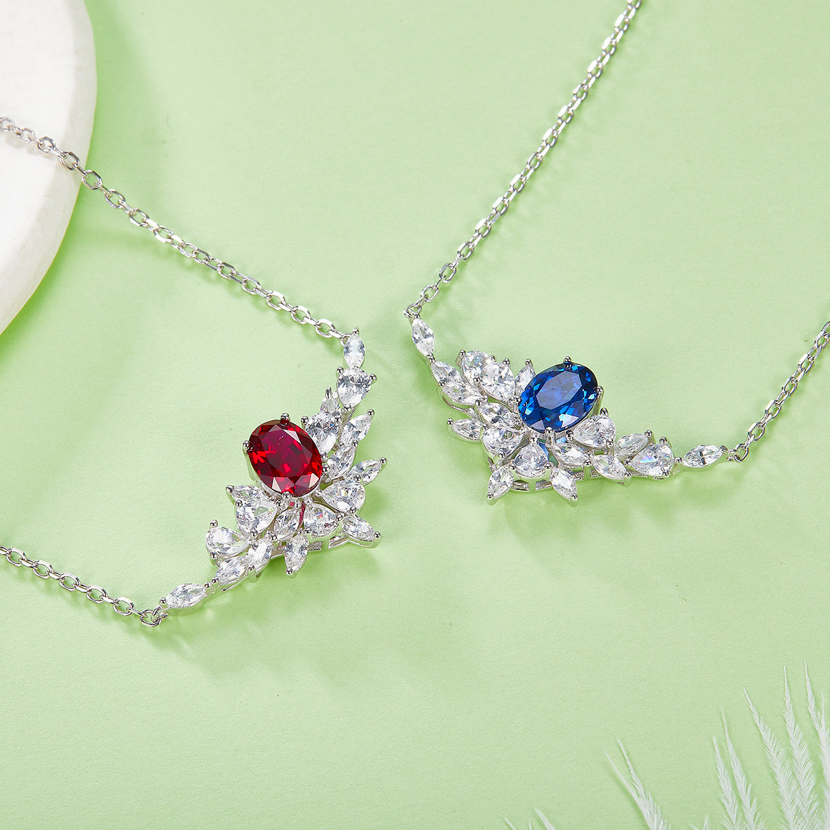 Sterling Silver Lab-Grown Ruby or Sapphire Necklace, 8x6mm Oval with Marquise Cluster — full product view