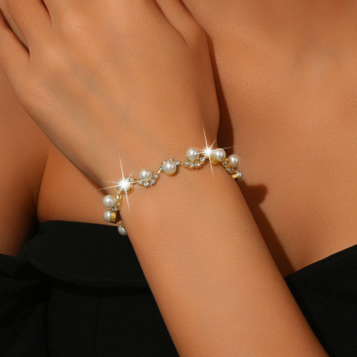 Pearl and Rhinestone Bracelet for Women, Silver Gold or Rose Gold-Tone — alternate angle