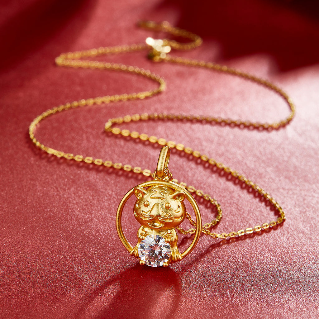Sterling Silver Chinese Zodiac Tiger Necklace With 1 ct Moissanite, D Color VVS1 — shown in use