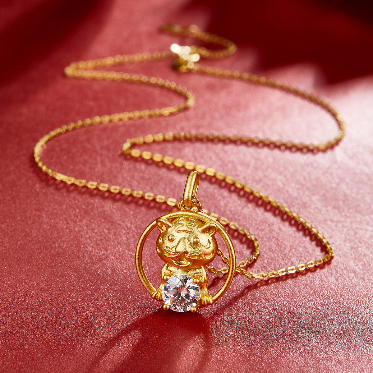 Sterling Silver Chinese Zodiac Tiger Necklace With 1 ct Moissanite, D Color VVS1 — shown in use