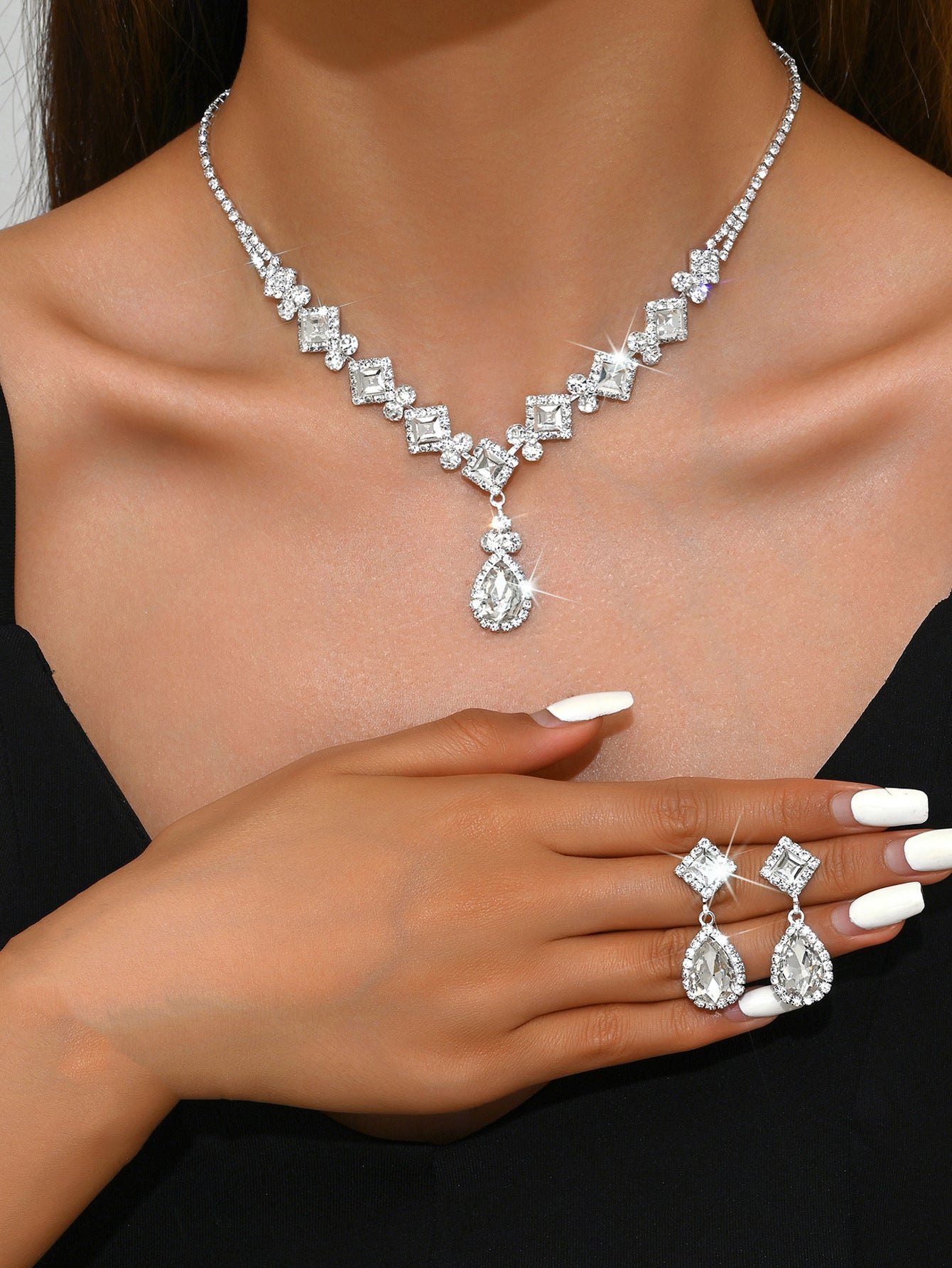 Geometric Teardrop Zircon Necklace and Earrings Set for Women