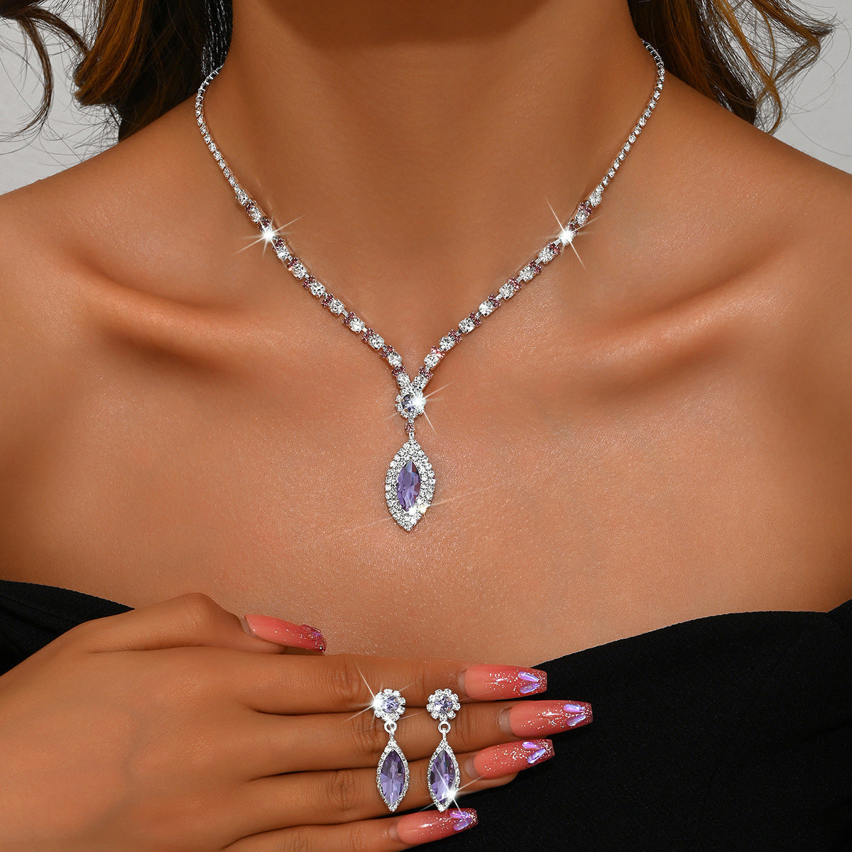 Teardrop Rhinestone Necklace and Earrings Set, Claw Chain Design — alternate angle