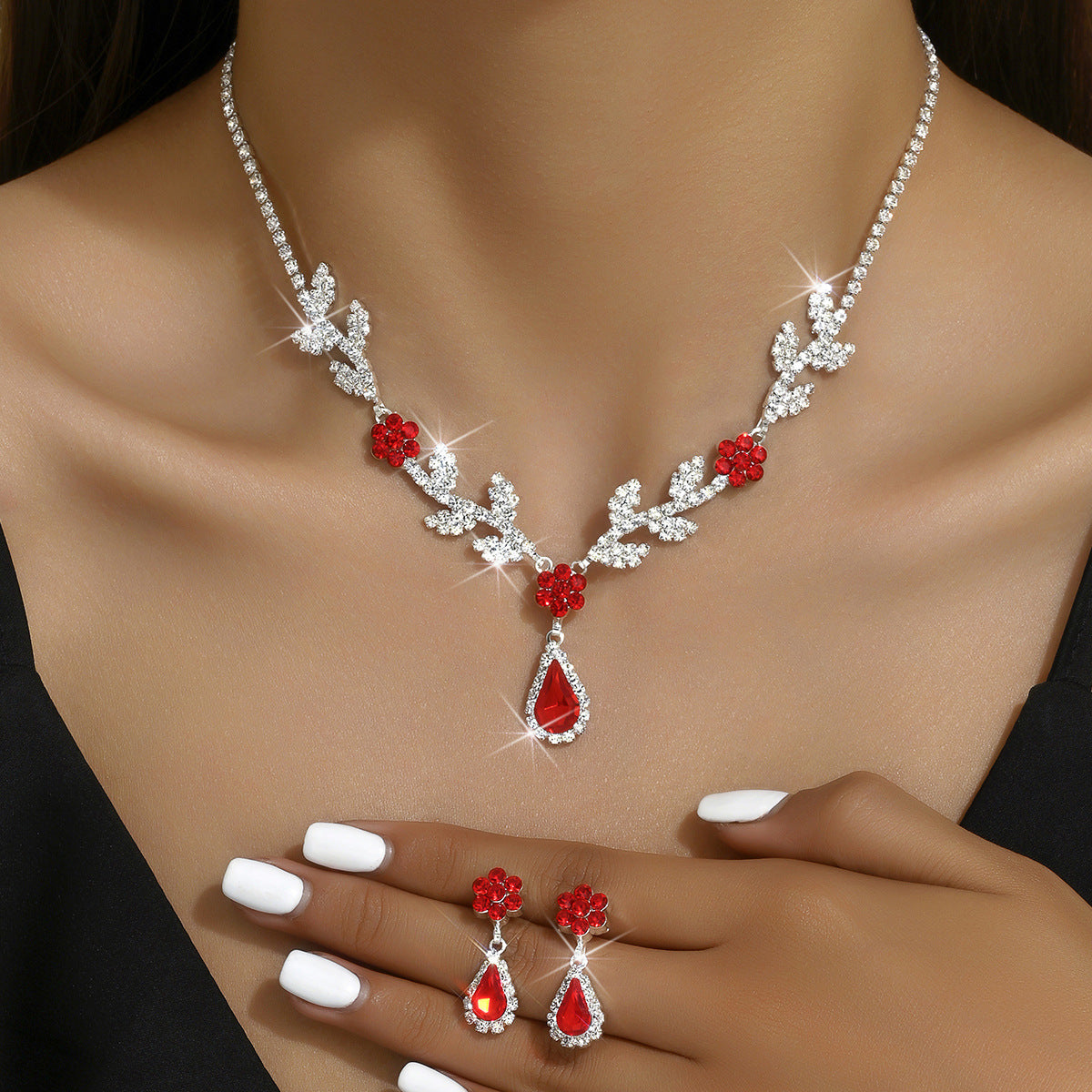 Teardrop and Flower Necklace and Earrings Set — full product view