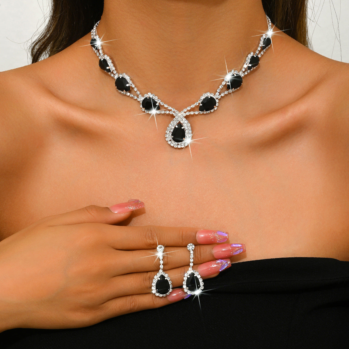 Geometric Teardrop Zircon Necklace and Earrings Set for Women