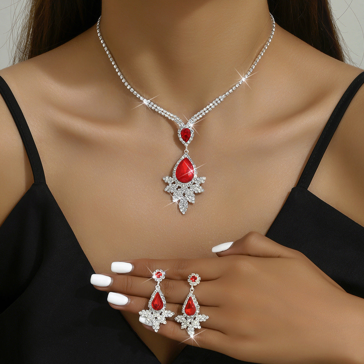 Geometric Teardrop Zircon Necklace and Earrings Set for Women