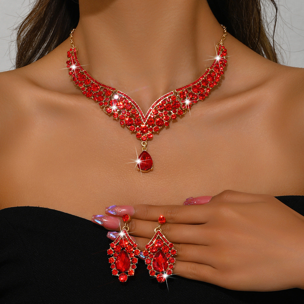Stone-Set Flower Necklace and Earrings Bridal Set – Statement Wedding Jewelry