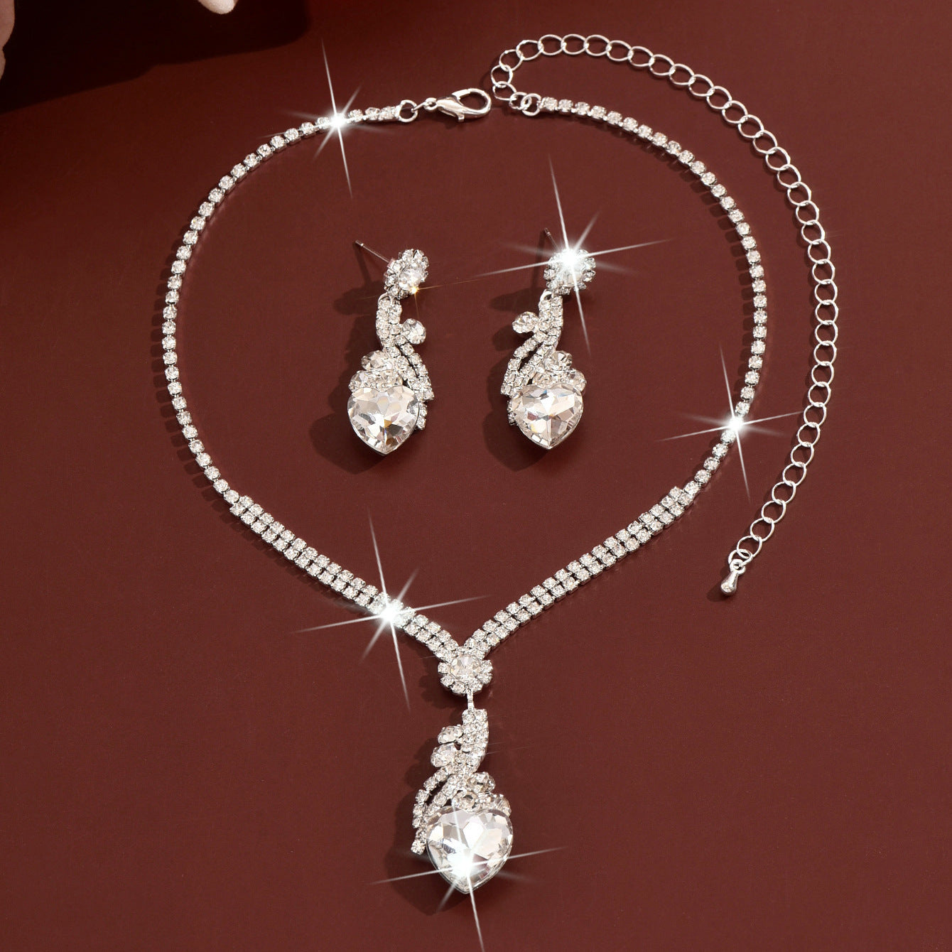 Claw Chain Teardrop and Heart Necklace and Earrings Set of 2 in Royal Blue, Red — front view