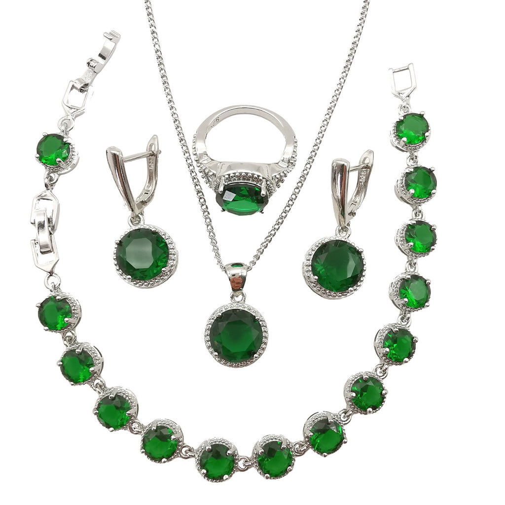 Round-Stone 4-Piece Jewelry Set in Green, Blue — detail close-up