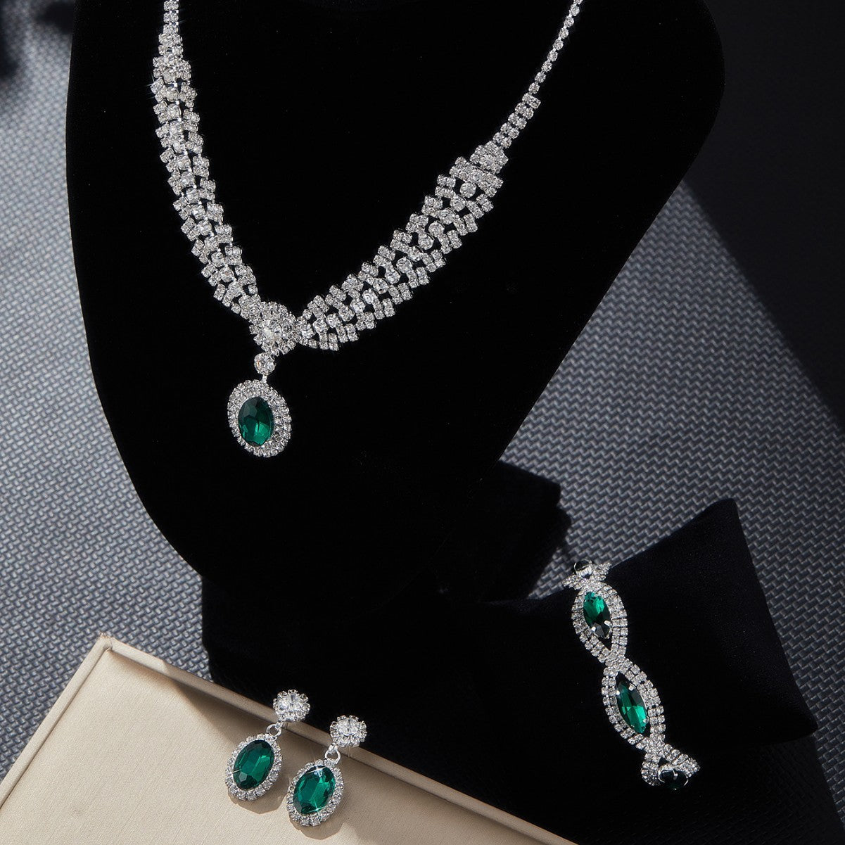 Colored Stone Necklace Jewelry Set for Women, 4-Piece Set in Black — side view