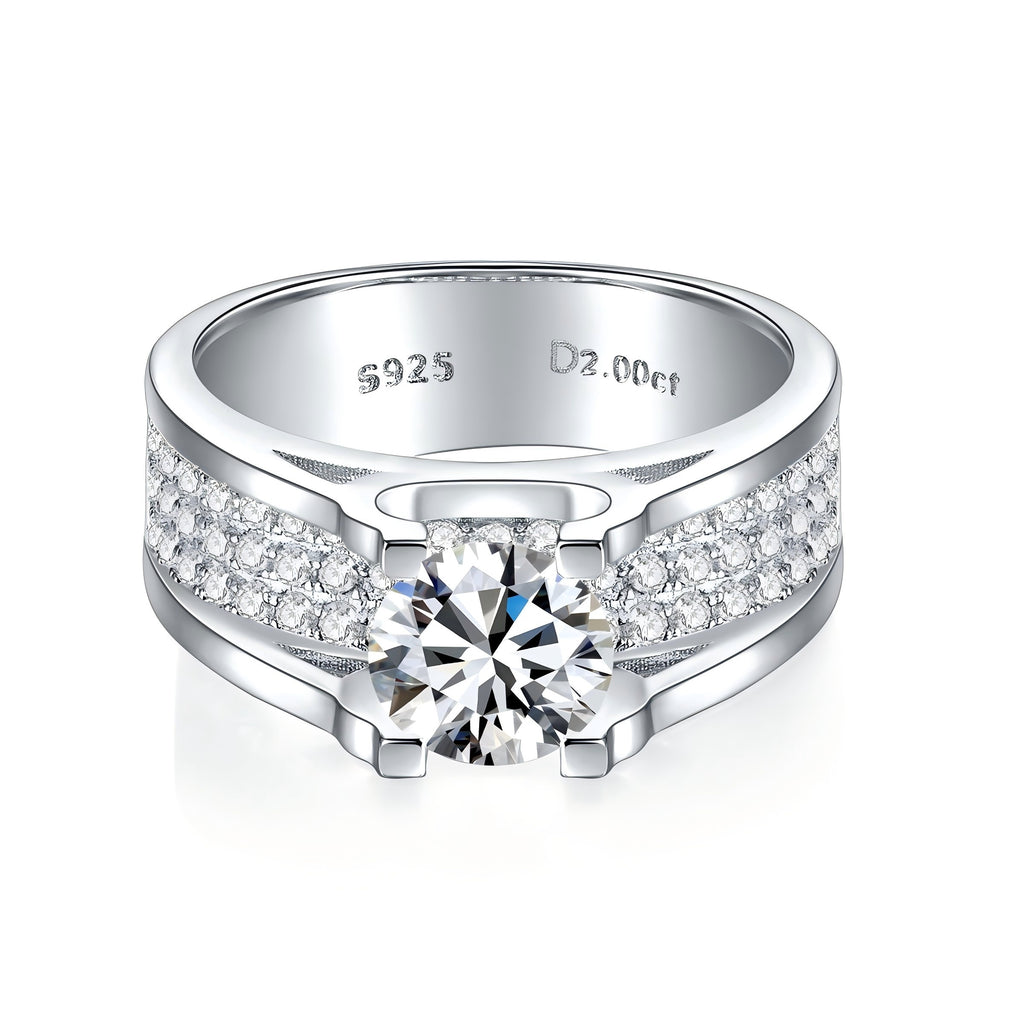 Sterling Silver Wide Band Moissanite Ring, 1ct or 2ct Stone — detail close-up