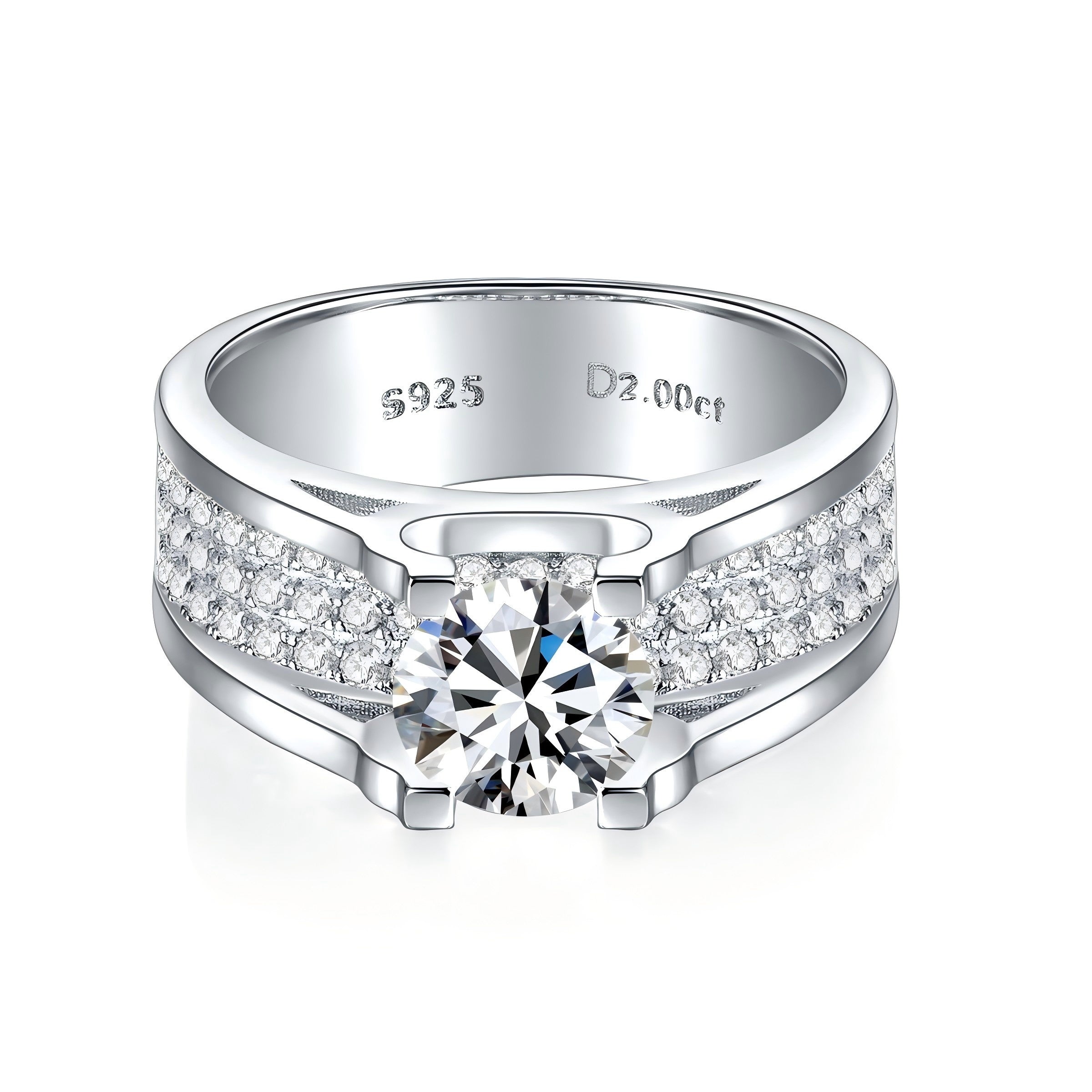Sterling Silver Wide Band Moissanite Ring, 1ct or 2ct Stone — detail close-up
